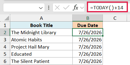Excel formula bar showing =TODAY()+14 to calculate a due date 14 days from today in a list of book titles