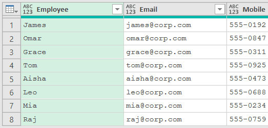 Branch Office directory in Power Query (Employee, Email, Mobile)