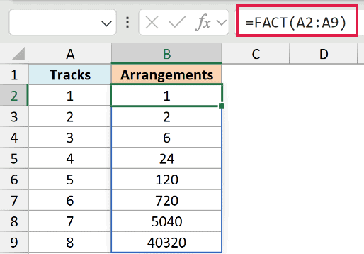 A single FACT formula given the whole range, spilling the factorial of every playlist length down the column.