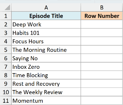 ex2a dataset showing a table with Episode Title in column A and an empty Row Number column B