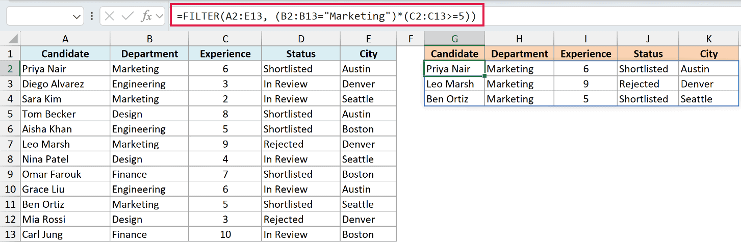 Excel formula bar showing FILTER function with multiple criteria and resulting filtered data table in columns G to K