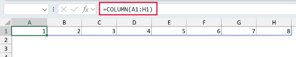 Excel formula =COLUMN(A1:H1) spilling column numbers 1 through 8 across cells A1 to H1