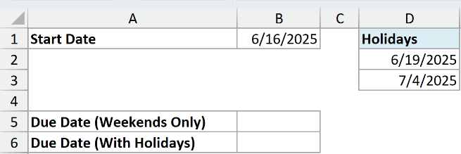 Excel ex3 data showing a start date of 6/16/2025 and a holiday list with dates 6/19/2025 and 7/4/2025