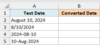 ex3 data showing column A with various text date formats and an empty column B for converted dates