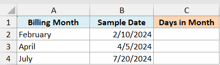 ex3 data showing Excel table with Billing Month, Sample Date, and empty Days in Month columns