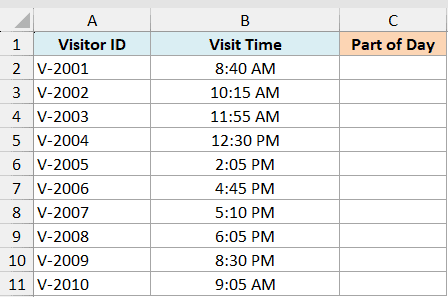 ex3 data showing a table with Visitor ID, Visit Time, and an empty Part of Day column for Excel HOUR function tutorial
