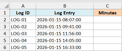 ex3 data table with columns Log ID, Log Entry timestamps, and an empty Minutes column for Excel MINUTE function usage