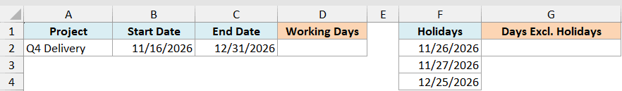 Excel data table showing project start and end dates, working days, and a list of holidays for NETWORKDAYS calculation