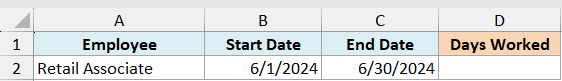 ex3 data showing a table with Employee, Start Date, End Date, and Days Worked columns for a retail associate