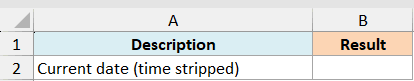 ex3 data showing Excel table headers Description and Result with a row for Current date (time stripped)