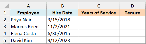 Ex3 data showing Excel table with employee names and hire dates, with empty columns for years of service and tenure
