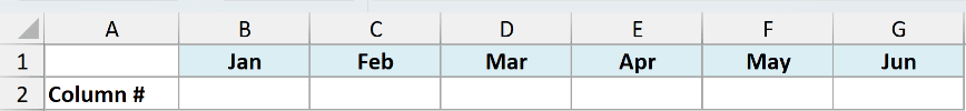 ex3 dataset showing months Jan through Jun in cells B1:G1 with Column # label in cell A2