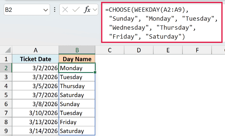 Excel formula using CHOOSE and WEEKDAY to convert ticket dates in column A into day names in column B