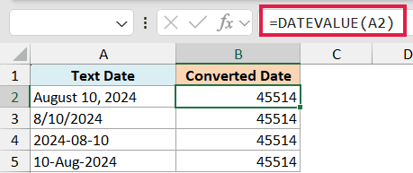 Excel formula bar showing =DATEVALUE(A2) highlighted in red, converting text dates in column A to serial numbers in B