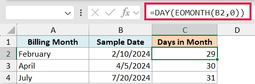 Excel formula =DAY(EOMONTH(B2,0)) in the formula bar, calculating the number of days in the month for cell B2