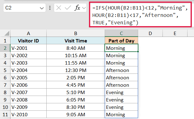 Excel formula bar showing an IFS function using HOUR to categorize visit times into Morning, Afternoon, or Evening