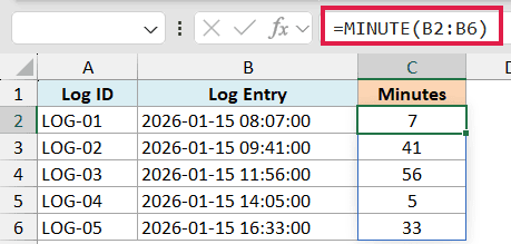 Excel formula bar showing =MINUTE(B2:B6) with column C displaying extracted minute values from timestamps in column B