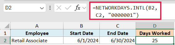 Excel formula bar showing NETWORKDAYS.INTL with a 7-character string to calculate 25 working days in cell D2