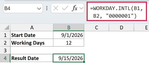Excel formula bar showing WORKDAY.INTL function with a 7-character string for Sunday-only weekends