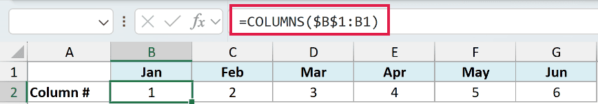 Excel formula bar showing =COLUMNS($B$1:B1) used to number columns 1 through 6 across a row