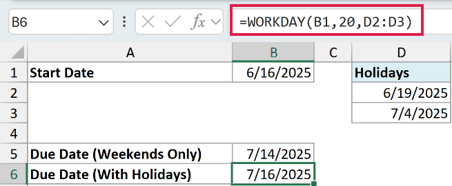 Excel formula bar showing WORKDAY function with a holiday range reference D2:D3 to calculate a due date