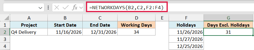 Excel formula =NETWORKDAYS(B2,C2,F2:F4) highlighting holiday range in a project timeline calculation