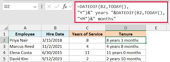 Excel formula for employee tenure using DATEDIF and TODAY functions to calculate years and months from hire date