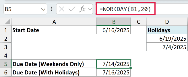 Excel formula bar showing =WORKDAY(B1, 20) to calculate a due date while skipping weekends