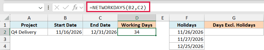 Excel formula bar showing =NETWORKDAYS(B2,C2) to calculate working days between two dates, automatically excluding weekends