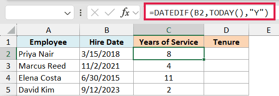 Excel formula bar showing =DATEDIF(B2,TODAY(),"Y") to calculate years of service from hire dates in a table