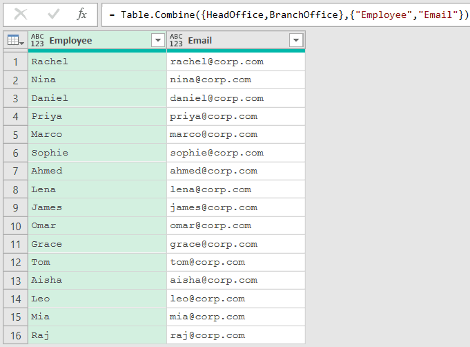 Only the Employee and Email columns kept via the columns list parameter