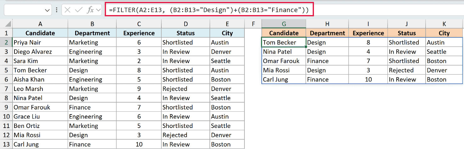 Excel formula bar showing FILTER function with OR logic to extract rows matching Design or Finance departments