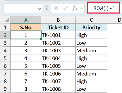 Excel formula =ROW()-1 in the formula bar creating a self-renumbering serial number column in a table