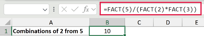 Using FACT to calculate the number of combinations of two items from five when the order does not matter, which is 10.