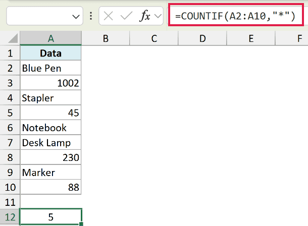 Excel formula =COUNTIF(A2:A10,"*") in the formula bar, counting text entries in column A with a result of 5