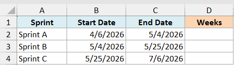 Excel table showing Sprint, Start Date, and End Date columns with an empty Weeks column for DATEDIF calculations