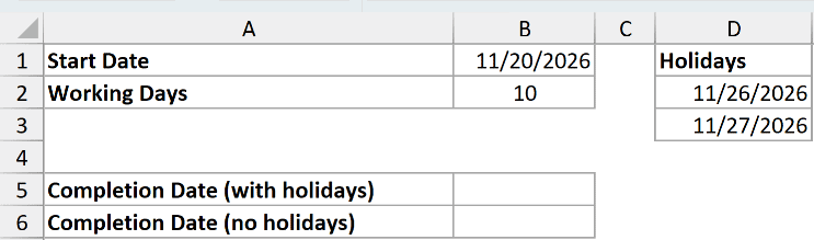 Excel table ex4 data showing start date 11/20/2026, 10 working days, and a list of holidays for date calculation