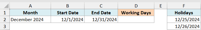 ex4 data showing an Excel table with columns for Month, Start Date, End Date, Working Days, and Holidays list