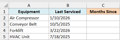 Excel table showing equipment names and last serviced dates, with an empty column for calculating months since service