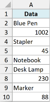 Excel column A labeled Data containing a mix of text items like Blue Pen and Stapler alongside numeric values