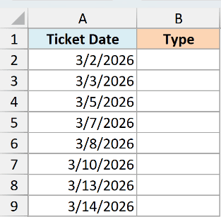 ex4 dataset showing Ticket Date column with March 2026 dates and an empty Type column in Excel