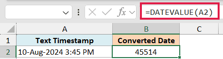 Excel formula bar showing =DATEVALUE(A2) to convert the text date in cell A2 to a serial number in cell B2