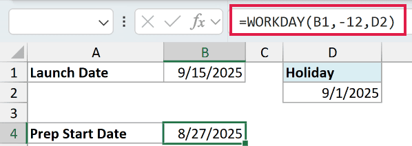 Excel formula bar showing =WORKDAY(B1, -12, D2) to calculate a past date from 9/15/2025 excluding a holiday in D2
