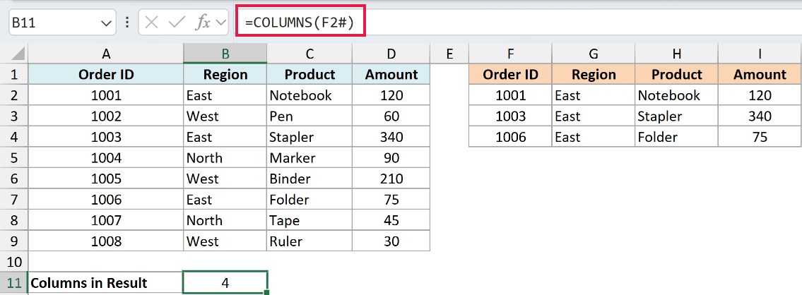 Excel formula =COLUMNS(F2#) in the formula bar, counting the four columns of a dynamic array spill range