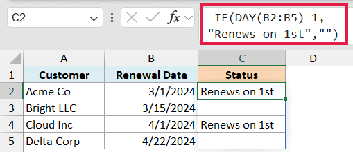 Excel formula bar showing IF and DAY functions to identify renewal dates on the 1st of the month in a data table