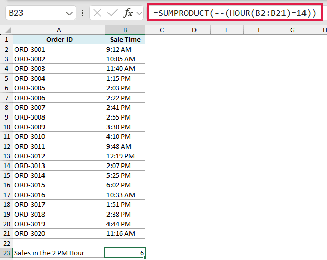 Excel formula bar showing SUMPRODUCT and HOUR functions to count sales occurring in the 2 PM hour from a time list