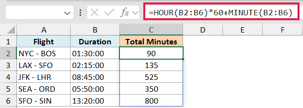 Excel formula =HOUR(B2:B6)*60+MINUTE(B2:B6) in the formula bar calculating total minutes from flight durations in column B