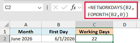 Excel formula bar showing NETWORKDAYS and EOMONTH functions to calculate working days in cell C2