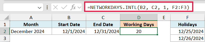 Excel formula bar showing =NETWORKDAYS.INTL(B2, C2, 1, F2:F3) calculating working days with holidays in a spreadsheet