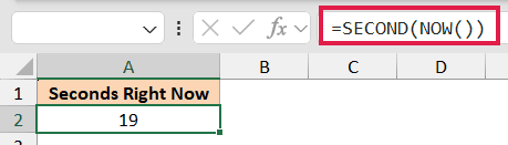 Excel formula bar showing =SECOND(NOW()) highlighted in red, with result 19 displayed in cell A2